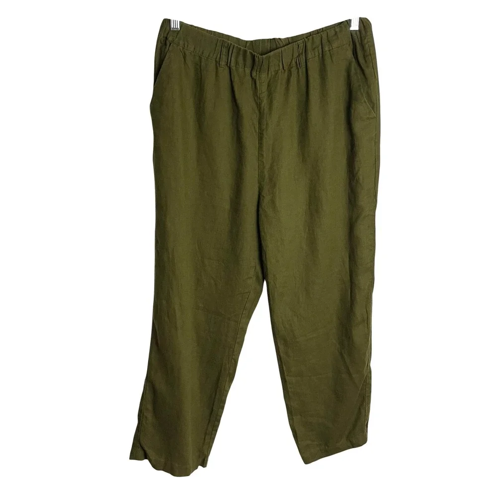 Quince Womens European Linen Pants Sz L Olive Green High Rise Cropped Relaxed